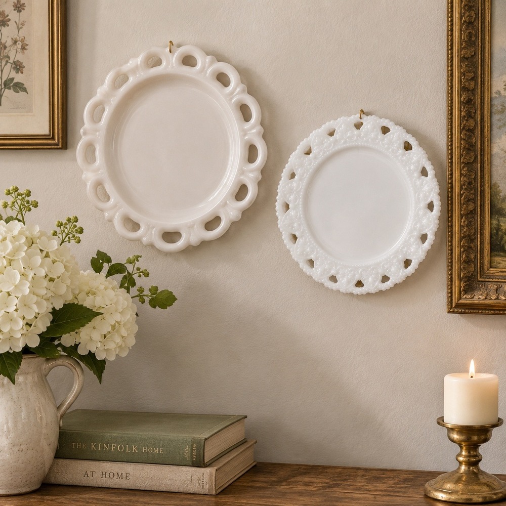 Vtg Milk Glass Plates Set of 2 White Open Lace Floral Scalloped Rim 7" 8" Wall - Picture 1 of 8